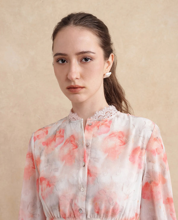 Rareism Women's Viver Off White Polyester Fabric Stand Collar Button Closure Puff Sleeve Abstract Fit And Flare Mini Dress