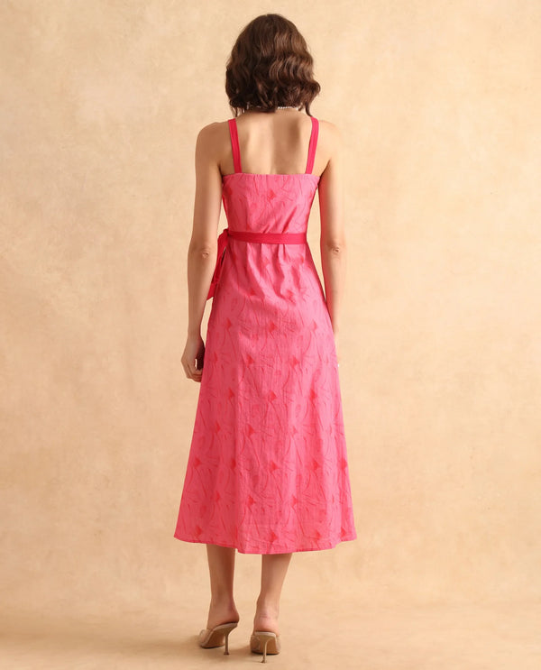 Rareism Women Viyug Pink Sleeveless Halter Neck Wrap Midi Monogram Print Dress