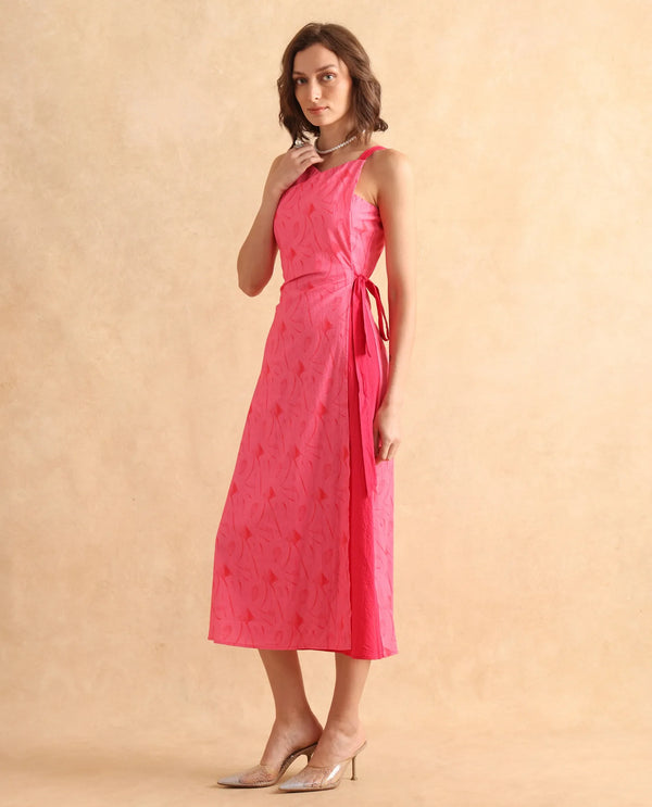 Rareism Women Viyug Pink Sleeveless Halter Neck Wrap Midi Monogram Print Dress