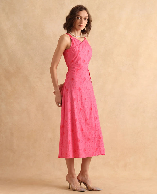 Rareism Women Viyug Pink Sleeveless Halter Neck Wrap Midi Monogram Print Dress