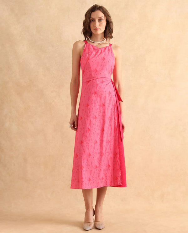 Rareism Women Viyug Pink Sleeveless Halter Neck Wrap Midi Monogram Print Dress