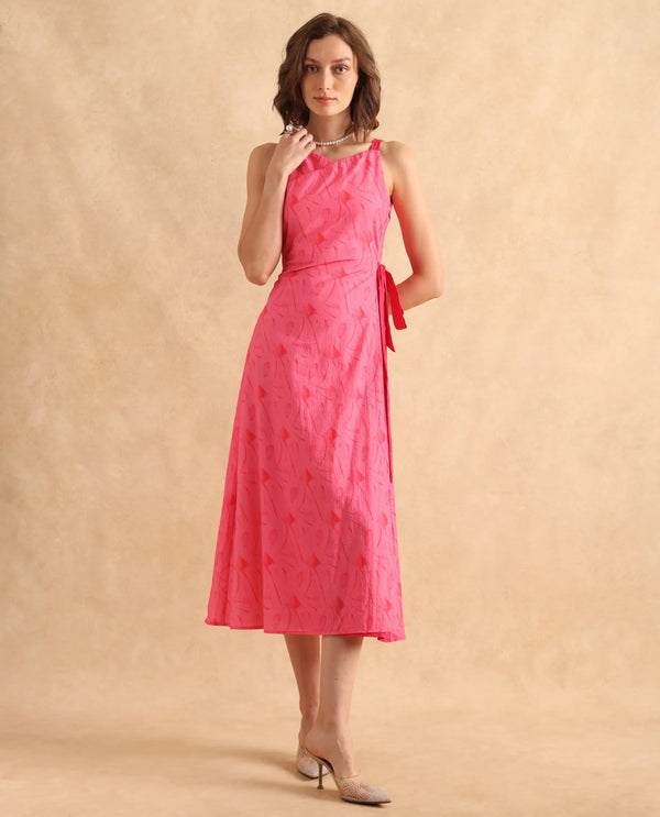 Rareism Women Viyug Pink Sleeveless Halter Neck Wrap Midi Monogram Print Dress