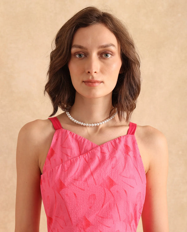 Rareism Women Viyug Pink Sleeveless Halter Neck Wrap Midi Monogram Print Dress