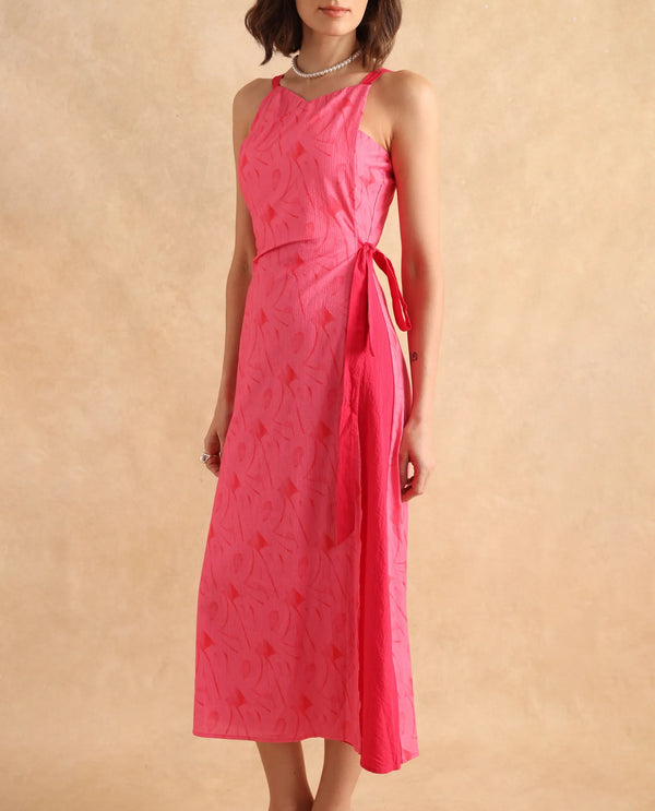 Rareism Women Viyug Pink Sleeveless Halter Neck Wrap Midi Monogram Print Dress