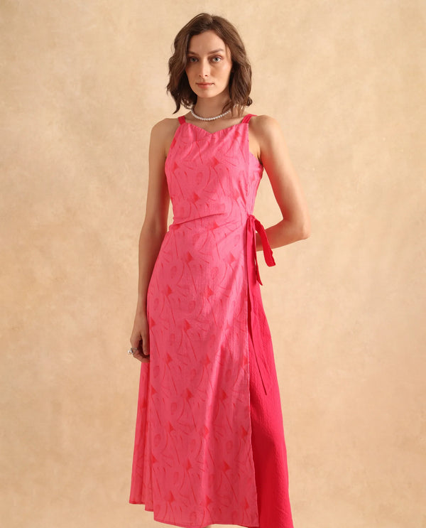 Rareism Women Viyug Pink Sleeveless Halter Neck Wrap Midi Monogram Print Dress