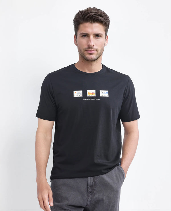 Rare Rabbit Men Vob Black Cotton Lycra Fabric Short Sleeve Crew Neck Label Print T-Shirt