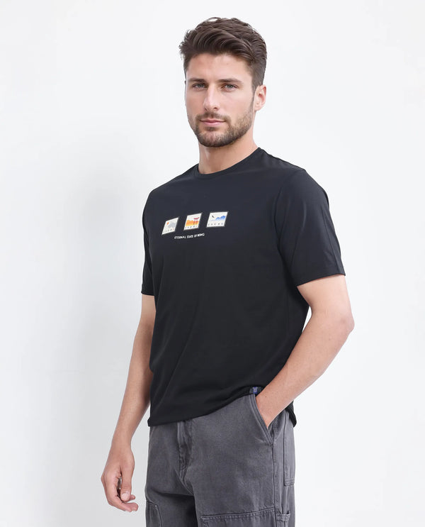 Rare Rabbit Men Vob Black Cotton Lycra Fabric Short Sleeve Crew Neck Label Print T-Shirt