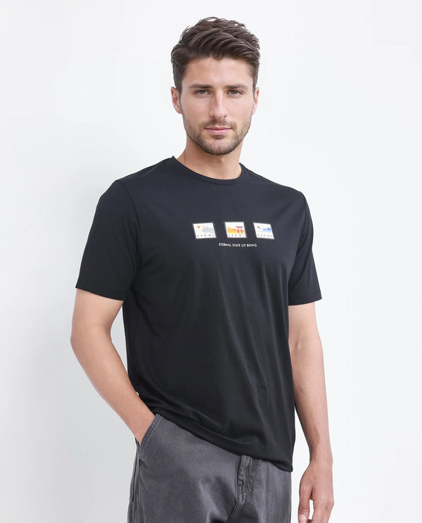Rare Rabbit Men Vob Black Cotton Lycra Fabric Short Sleeve Crew Neck Label Print T-Shirt
