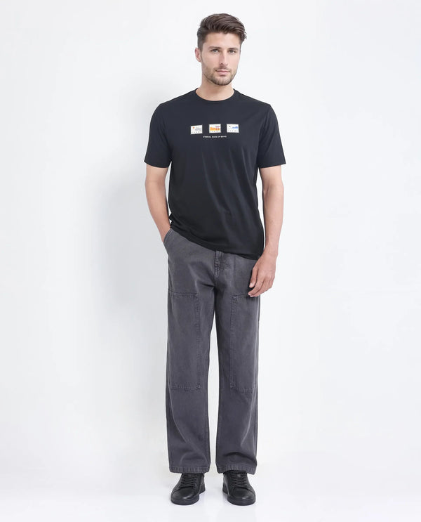Rare Rabbit Men Vob Black Cotton Lycra Fabric Short Sleeve Crew Neck Label Print T-Shirt