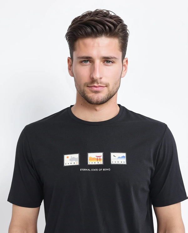 Rare Rabbit Men Vob Black Cotton Lycra Fabric Short Sleeve Crew Neck Label Print T-Shirt