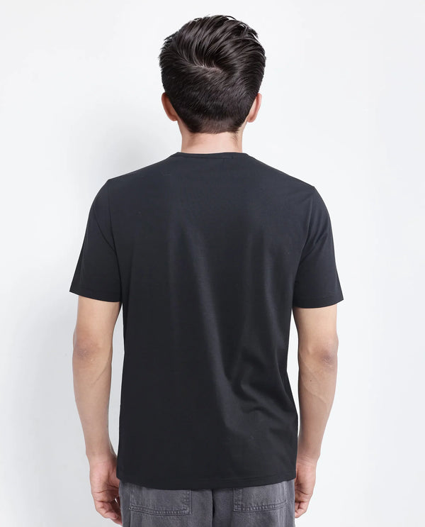 Rare Rabbit Men Vob Black Cotton Lycra Fabric Short Sleeve Crew Neck Label Print T-Shirt
