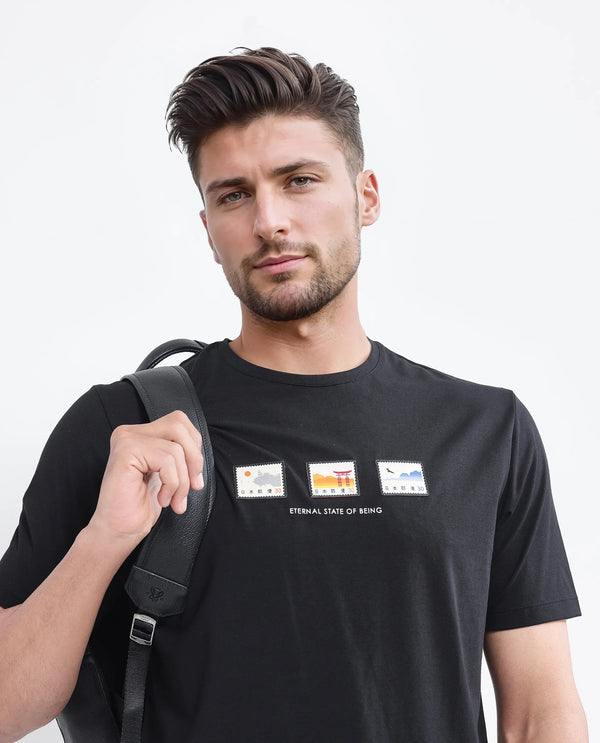 Rare Rabbit Men Vob Black Cotton Lycra Fabric Short Sleeve Crew Neck Label Print T-Shirt