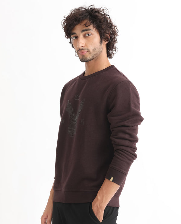 Rare Rabbit Mens Voir Dark Maroon Cotton Polyester Fabric Full Sleeves Logo Statement Print Knitted Sweatshirt