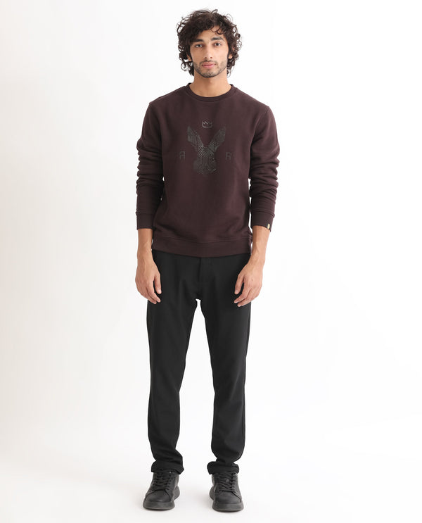 Rare Rabbit Mens Voir Dark Maroon Cotton Polyester Fabric Full Sleeves Logo Statement Print Knitted Sweatshirt