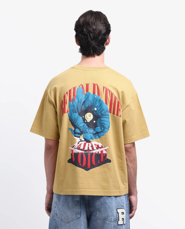 Rare Rabbit Men Voiz Dusky Mustard Cotton Fabric Short Sleeve Slip-On Oversized Fit Graphic Print T-Shirt