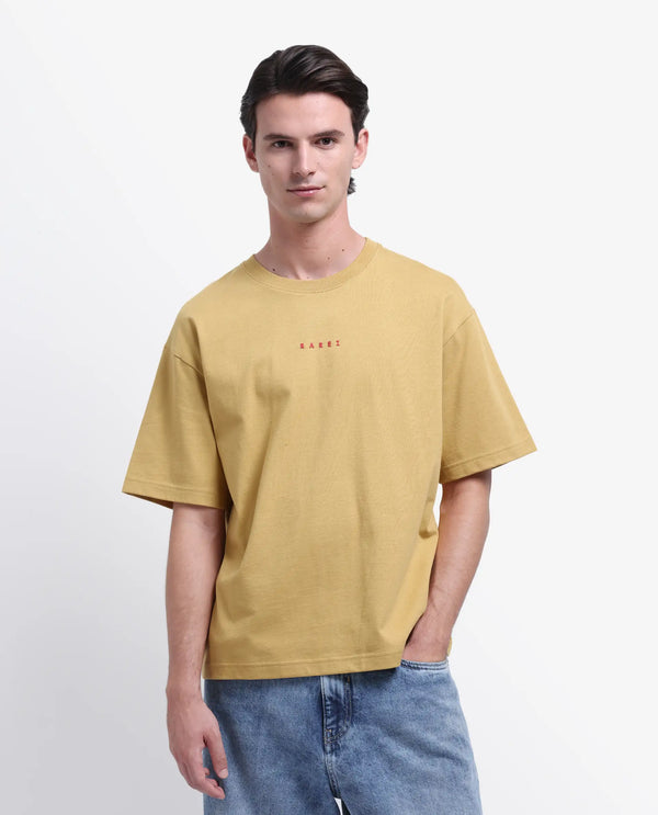 Rare Rabbit Men Voiz Dusky Mustard Cotton Fabric Short Sleeve Slip-On Oversized Fit Graphic Print T-Shirt