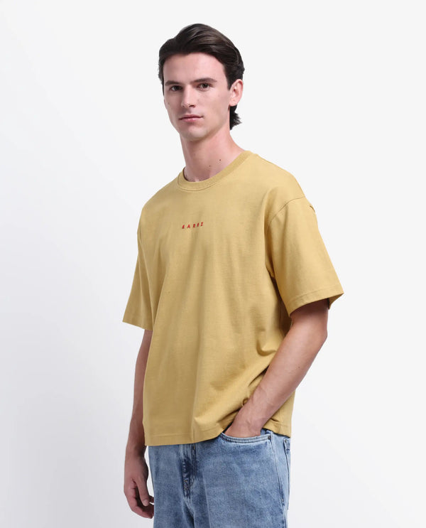 Rare Rabbit Men Voiz Dusky Mustard Cotton Fabric Short Sleeve Slip-On Oversized Fit Graphic Print T-Shirt