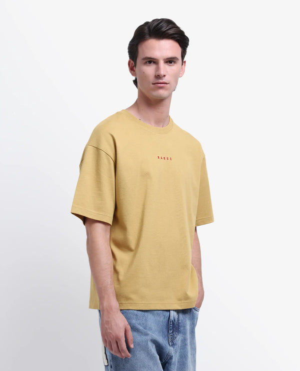Rare Rabbit Men Voiz Dusky Mustard Cotton Fabric Short Sleeve Slip-On Oversized Fit Graphic Print T-Shirt
