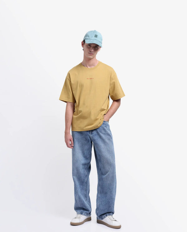 Rare Rabbit Men Voiz Dusky Mustard Cotton Fabric Short Sleeve Slip-On Oversized Fit Graphic Print T-Shirt