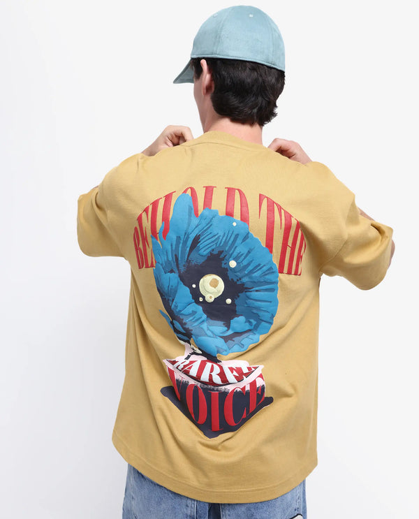 Rare Rabbit Men Voiz Dusky Mustard Cotton Fabric Short Sleeve Slip-On Oversized Fit Graphic Print T-Shirt