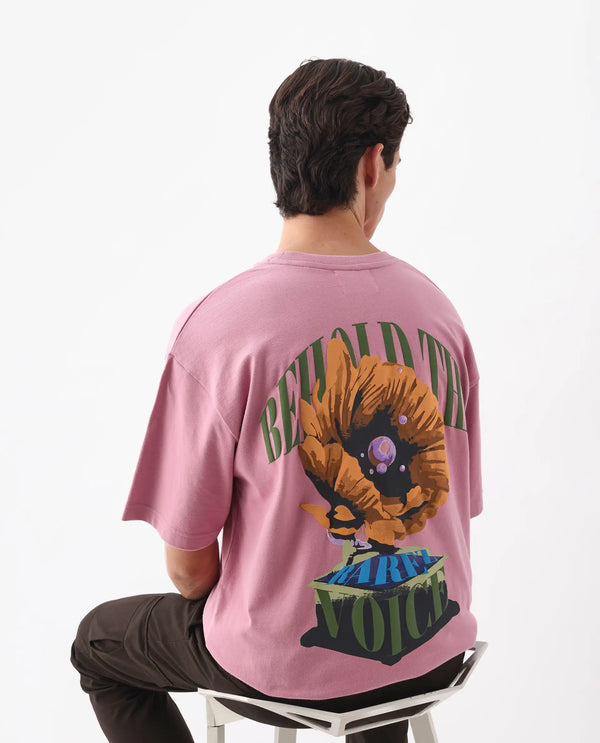 Rare Rabbit Men Voiz Pink Cotton Fabric Short Sleeve Slip-On Oversized Fit Printed T-Shirt