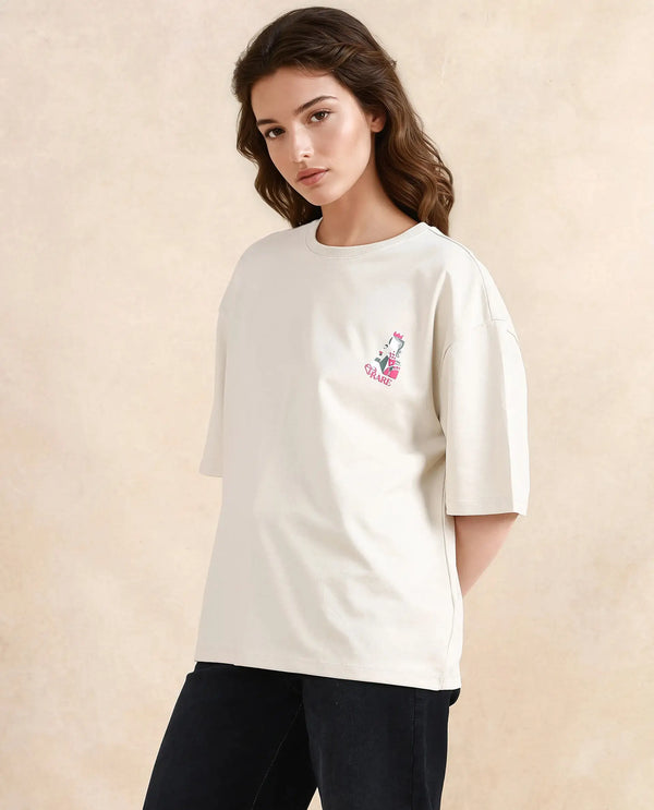 Rareism Women Voke Beige Cotton Blend Fabric Short Sleeve Crew Neck Oversized Fit Graphic Print T-Shirt
