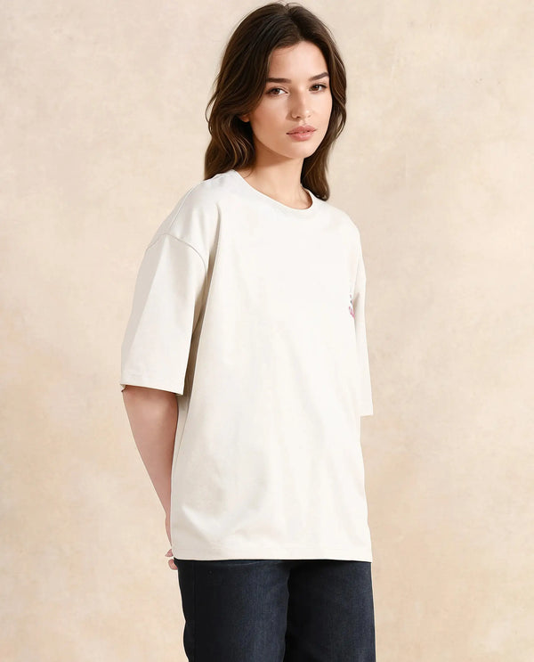 Rareism Women Voke Beige Cotton Blend Fabric Short Sleeve Crew Neck Oversized Fit Graphic Print T-Shirt