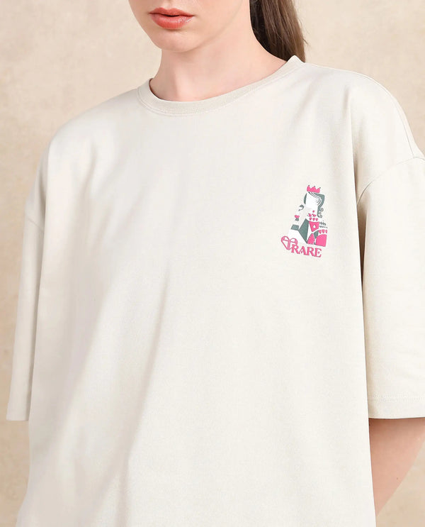 Rareism Women Voke Beige Cotton Blend Fabric Short Sleeve Crew Neck Oversized Fit Graphic Print T-Shirt