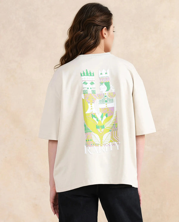 Rareism Women Voke Beige Cotton Blend Fabric Short Sleeve Crew Neck Oversized Fit Graphic Print T-Shirt