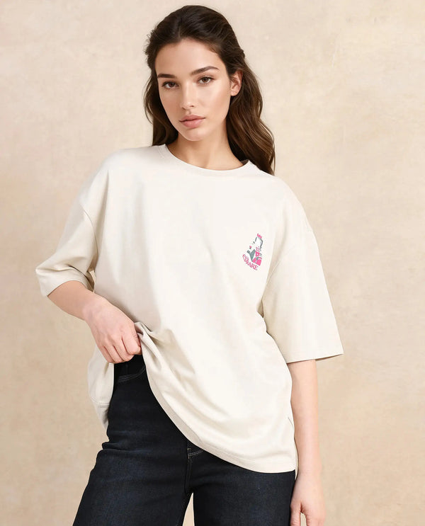 Rareism Women Voke Beige Cotton Blend Fabric Short Sleeve Crew Neck Oversized Fit Graphic Print T-Shirt