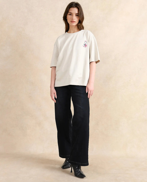 Rareism Women Voke Beige Cotton Blend Fabric Short Sleeve Crew Neck Oversized Fit Graphic Print T-Shirt