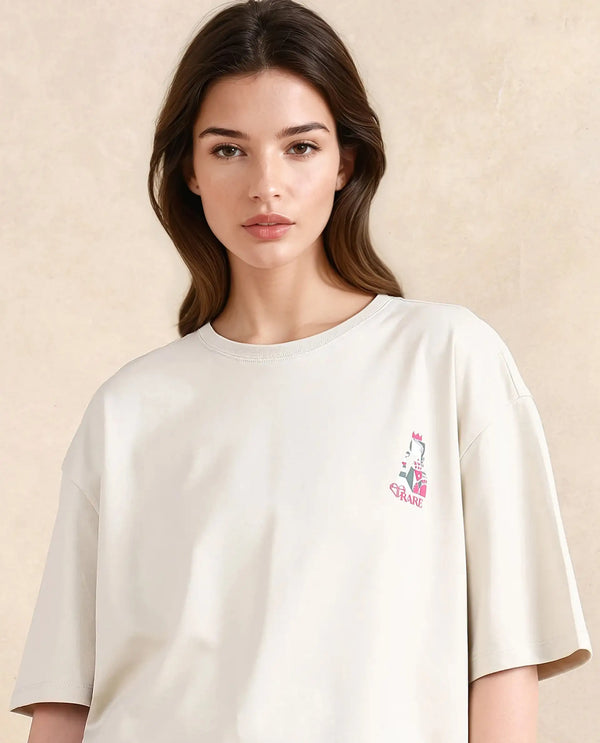 Rareism Women Voke Beige Cotton Blend Fabric Short Sleeve Crew Neck Oversized Fit Graphic Print T-Shirt
