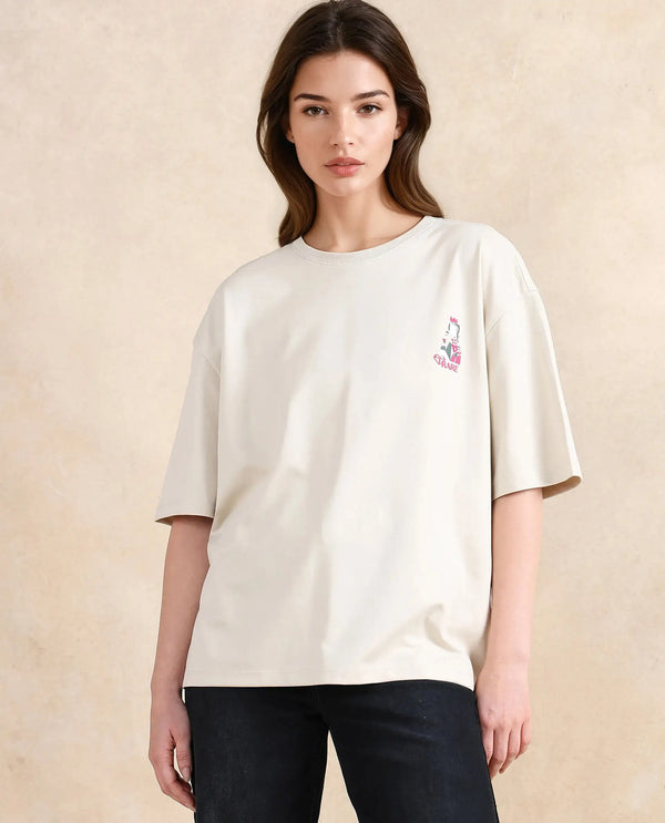 Rareism Women Voke Beige Cotton Blend Fabric Short Sleeve Crew Neck Oversized Fit Graphic Print T-Shirt