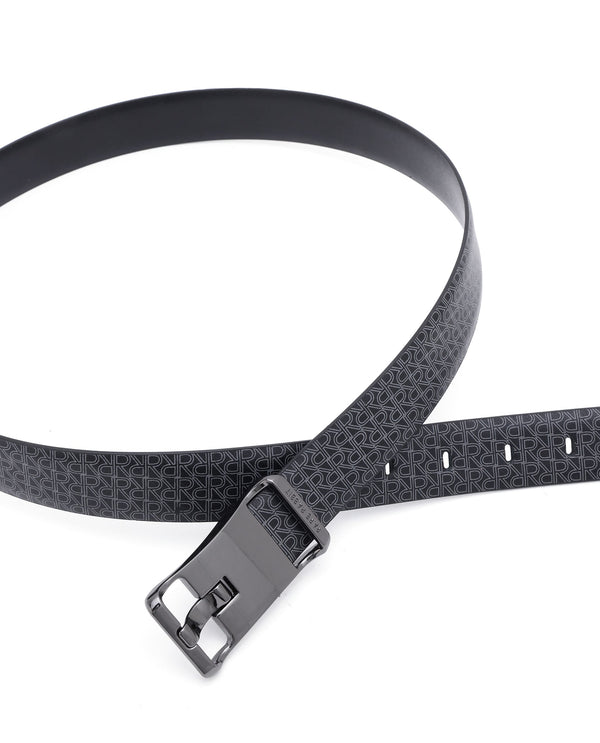 Rare Rabbit Men's Volde Black Reversible Monogram Print Gun Metal Belt