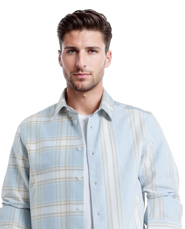 Rare Rabbit Men's Volgos Pastel Blue Cotton Fabric Full Sleeve Regular Fit Check Printed Shirt