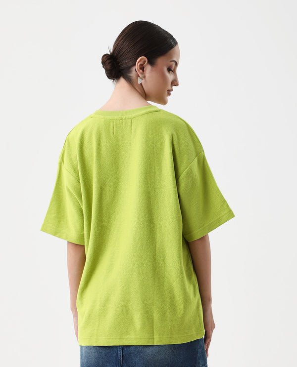 Rareism Women Volo Green Pull On Closure Cotton Oversized Regular Graphic Print T-Shirt