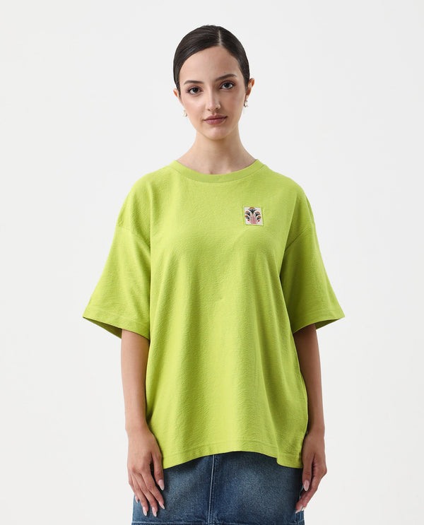Rareism Women Volo Green Pull On Closure Cotton Oversized Regular Graphic Print T-Shirt