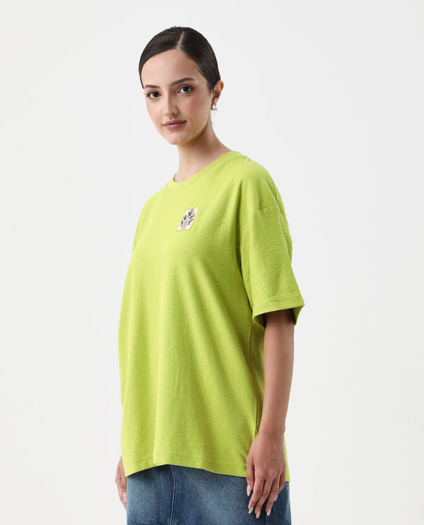 Rareism Women Volo Green Pull On Closure Cotton Oversized Regular Graphic Print T-Shirt