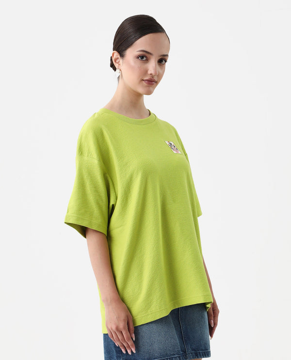 Rareism Women Volo Green Pull On Closure Cotton Oversized Regular Graphic Print T-Shirt