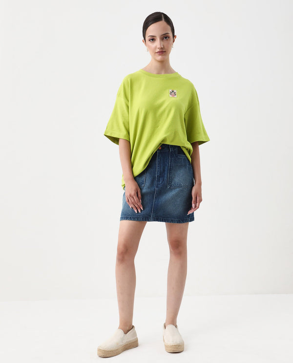 Rareism Women Volo Green Pull On Closure Cotton Oversized Regular Graphic Print T-Shirt