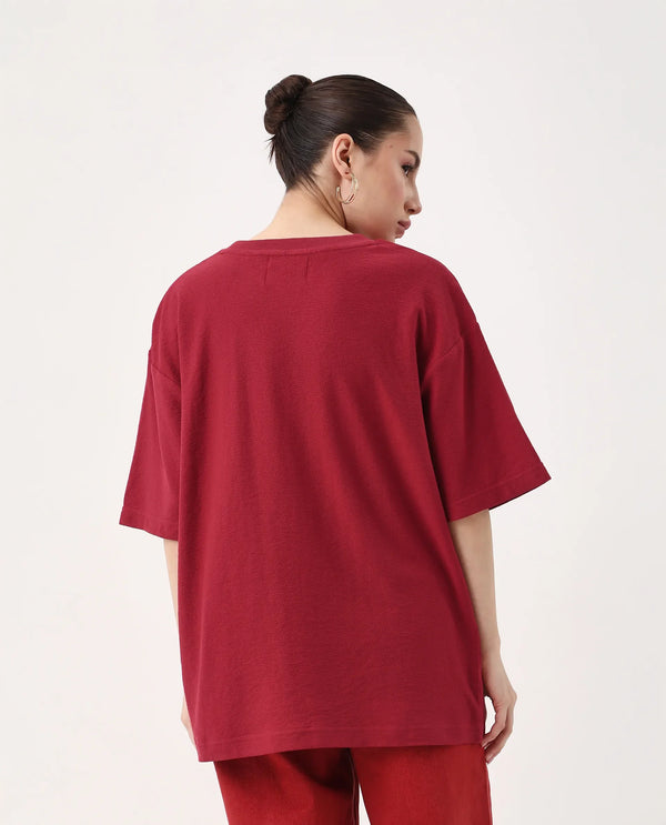Rareism Women Volo Red Pull On Closure Cotton Fabric Oversized Fit Regular Graphic Print T-Shirt