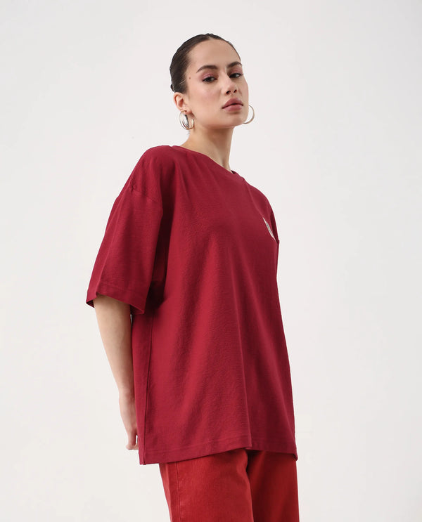 Rareism Women Volo Red Pull On Closure Cotton Fabric Oversized Fit Regular Graphic Print T-Shirt