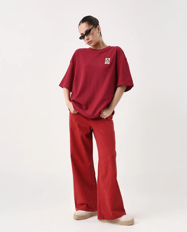 Rareism Women Volo Red Pull On Closure Cotton Fabric Oversized Fit Regular Graphic Print T-Shirt