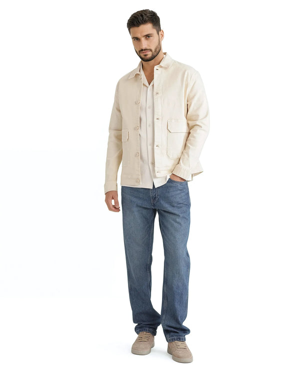 Rare Rabbit Men Volta Off White Cotton Blend Fabric Button Closure Two Front Flap Pocket Regular Fit Plain Jacket