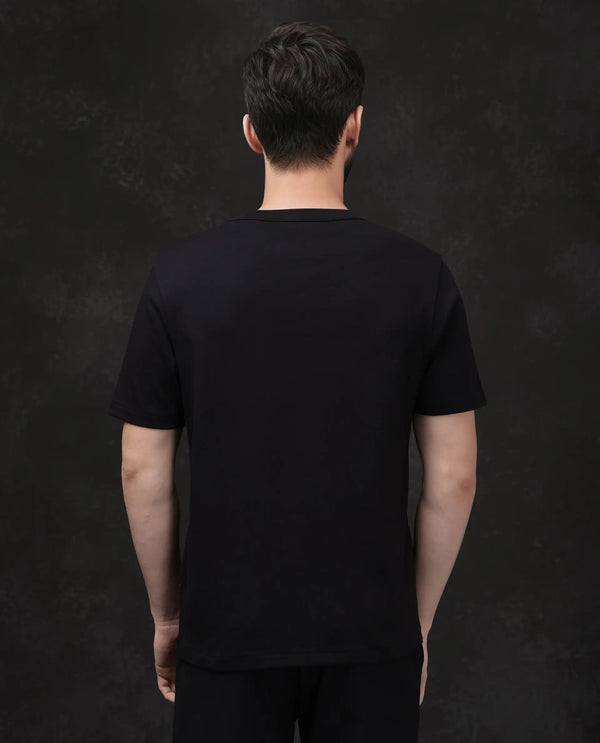 Rare Rabbit Men Volt Black Cotton Fabric Short Sleeve Crew Neck Regular Fit Plain T-Shirt
