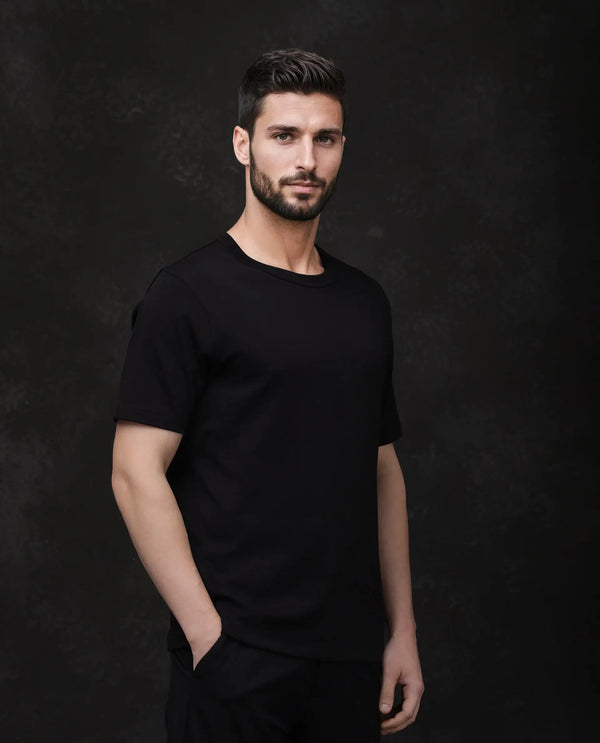 Rare Rabbit Men Volt Black Cotton Fabric Short Sleeve Crew Neck Regular Fit Plain T-Shirt