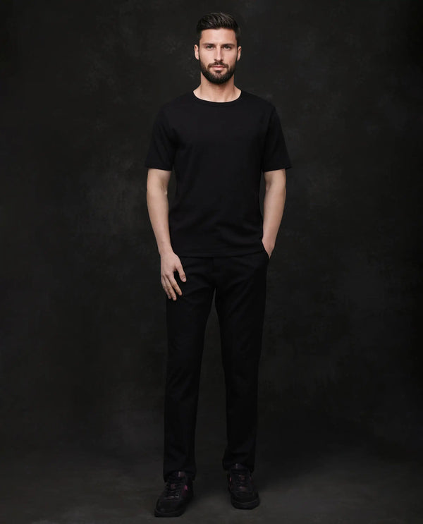 Rare Rabbit Men Volt Black Cotton Fabric Short Sleeve Crew Neck Regular Fit Plain T-Shirt