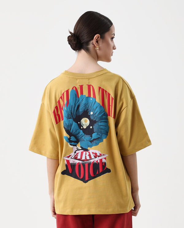 Rareism Women Voltz Yellow Pull On Closure Cotton Fabric Oversized Fit Regular Length Graphic Print T-Shirt
