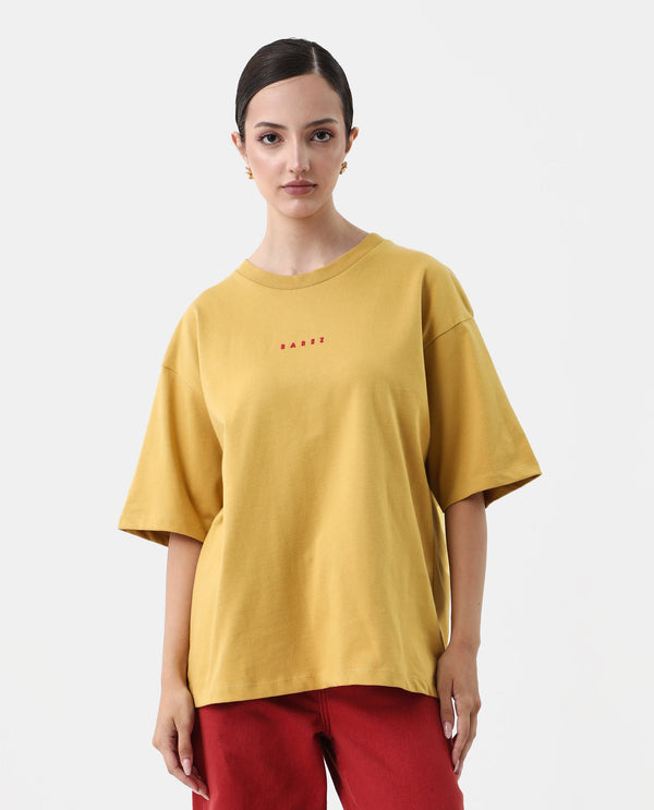 Rareism Women Voltz Yellow Pull On Closure Cotton Fabric Oversized Fit Regular Length Graphic Print T-Shirt