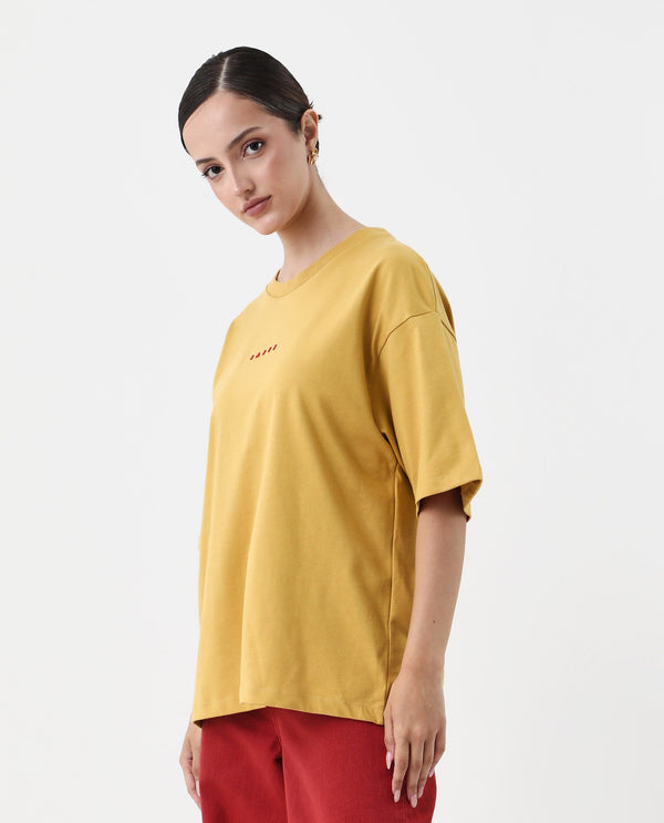 Rareism Women Voltz Yellow Pull On Closure Cotton Fabric Oversized Fit Regular Length Graphic Print T-Shirt